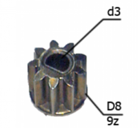 Шестерня двигателя шуруповерта (2) внутр.d 3мм под шпонку, внеш.d 8мм, высота 7,4мм, 9 зубов